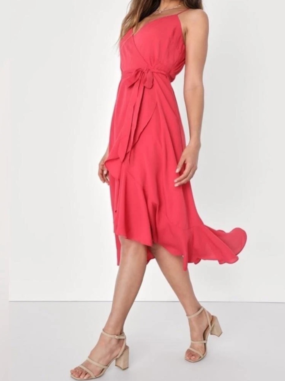 NWT Lulus Manhattan Moment Berry Pink Ruffled Midi Wrap Dress- Size small